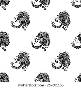 Hand Drawn graphic vintage black line lace peony seamless pattern on white background. Set of isolated floral laces wedding invitation decorative elements. Chess grid order