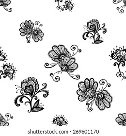 Hand Drawn graphic vintage black line lace inflorescence, dahlia, daisy seamless pattern on white background. Set of isolated floral laces wedding invitation decorative elements. Chess grid order