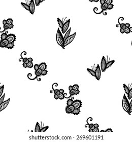 Hand Drawn graphic vintage black line lace leaves and bud seamless pattern on white background. Set of isolated floral laces wedding invitation decorative elements. Chess grid order