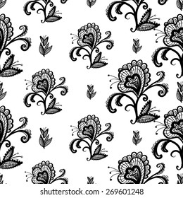 Hand Drawn graphic vintage black line lace leaves and inflorescence seamless pattern on white background. Set of isolated floral laces wedding invitation decorative elements. Chess grid order