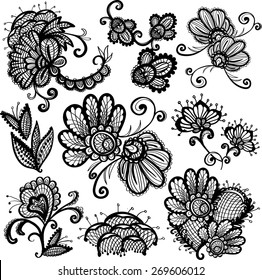 Hand Drawn graphic vintage black line lace flower, peony, inflorescence, decoration items on white background. Set of isolated floral laces wedding invitation decorative elements. 