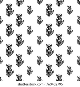 Hand Drawn graphic vintage black line lace leaves seamless pattern on white background. Isolated floral laces backdrop for wedding invitation, fabric, textile.
