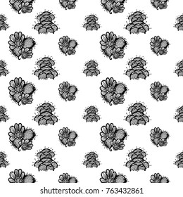 Hand Drawn graphic vintage black line lace flower and petal seamless pattern on white background. Isolated floral laces backdrop for wedding invitation, fabric, textile.