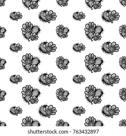 Hand Drawn graphic vintage black line lace flower seamless pattern on white background. Isolated floral laces backdrop for wedding invitation, fabric, textile.