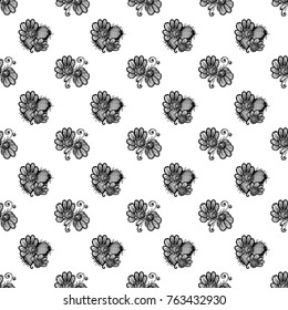 Hand Drawn graphic vintage black line lace flower and daisy seamless pattern on white background. Isolated floral laces backdrop for wedding invitation, fabric, textile.