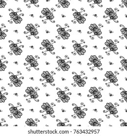Hand Drawn graphic vintage black line lace daisy seamless pattern on white background. Isolated floral laces backdrop for wedding invitation, fabric, textile.