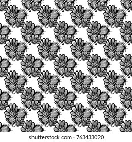 Hand Drawn graphic vintage black line lace flower seamless pattern on white background. Isolated floral laces backdrop for wedding invitation, fabric, textile.