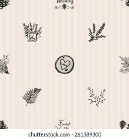 Hand Drawn graphic vintage bouquet, lavender, forest, cone, candlestick, twig, fern, wood. Set of isolated floral rustic forest wedding decorative symbols and elements. Chess grid order pattern.