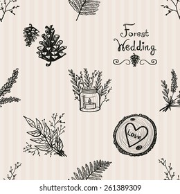 Hand Drawn graphic vintage bouquet, lavender, forest, cone, candlestick, twig, fern, wood. Set of isolated floral rustic forest wedding decorative symbols and elements. Chess grid order pattern.