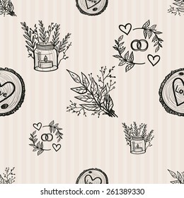 Hand Drawn graphic vintage bouquet, candlestick, ring, wood. Set of isolated floral rustic forest wedding decorative symbols and elements. Chess grid order pattern.