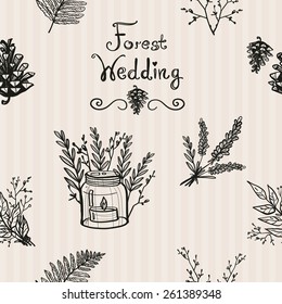 Hand Drawn graphic vintage bouquet, lavender, forest, cone, candlestick, twig, fern, wood. Set of isolated floral rustic forest wedding decorative symbols and elements. Chess grid order pattern.