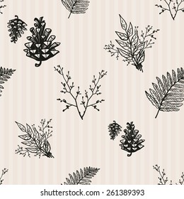 Hand Drawn graphic vintage bouquet, cone, twig, fern. Set of isolated floral rustic forest wedding decorative symbols and elements. Chess grid order pattern.