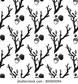 Hand drawn graphic vintage branch and acorn seamless pattern. Contrast ornament with isolated floral rustic autumn forest wedding decorative symbols and elements. Chess grid order pattern.