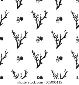 Hand drawn graphic vintage branch and acorn seamless pattern. Contrast ornament with isolated floral rustic autumn forest wedding decorative symbols and elements. Chess grid order pattern.