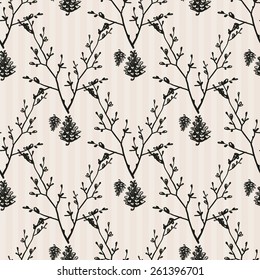 Hand Drawn graphic vintage cone and twig. Set of isolated floral rustic forest wedding decorative symbols and elements. Chess grid order pattern.
