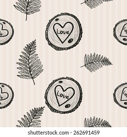 Hand Drawn graphic vintage fern and wood. Set of isolated floral rustic forest wedding decorative symbols and elements. Chess grid order pattern.