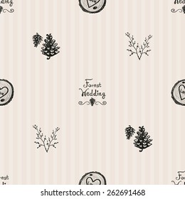 Hand Drawn graphic vintage forest, cone, twig, wood. Set of isolated floral rustic forest wedding decorative symbols and elements. Chess grid order pattern.