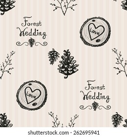 Hand Drawn graphic vintage forest, cone, twig, wood. Set of isolated floral rustic forest wedding decorative symbols and elements. Chess grid order pattern.