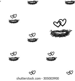 Hand drawn graphic vintage heart nest seamless pattern. Contrast ornament with isolated floral rustic autumn forest wedding decorative symbols and elements. Chess grid order pattern.