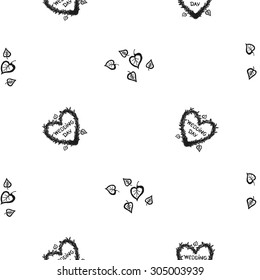 Hand drawn graphic vintage heart twig wreath and birch leaf seamless pattern. Contrast ornament with isolated floral rustic autumn forest wedding decorative symbols and elements. Chess grid order.