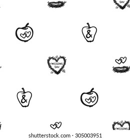 Hand drawn graphic vintage heart twig wreath, heart nest, apple seamless pattern. Contrast ornament with isolated floral rustic autumn forest wedding decorative symbols and elements. Chess grid order