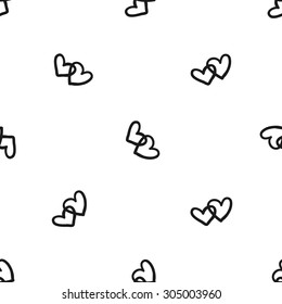Hand drawn graphic vintage heart and birch leaf seamless pattern. Contrast ornament with isolated floral rustic autumn forest wedding decorative symbols and elements. Chess grid order pattern.