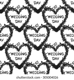 Hand drawn graphic vintage heart twig wreath seamless pattern. Contrast ornament with isolated floral rustic autumn forest wedding decorative symbols and elements. Chess grid order pattern.