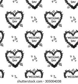 Hand drawn graphic vintage heart twig wreath and birch leaf seamless pattern. Contrast ornament with isolated floral rustic autumn forest wedding decorative symbols and elements. Chess grid order.
