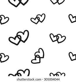 Hand drawn graphic vintage heart and birch leaf seamless pattern. Contrast ornament with isolated floral rustic autumn forest wedding decorative symbols and elements. Chess grid order pattern.