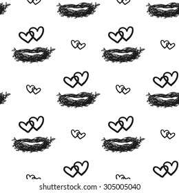 Hand drawn graphic vintage heart nest seamless pattern. Contrast ornament with isolated floral rustic autumn forest wedding decorative symbols and elements. Chess grid order pattern.