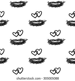 Hand drawn graphic vintage heart nest seamless pattern. Contrast ornament with isolated floral rustic autumn forest wedding decorative symbols and elements. Chess grid order pattern.