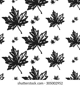 Hand drawn graphic vintage maple leaf and leaf seamless pattern. Contrast ornament with isolated floral rustic autumn forest wedding decorative symbols and elements. Chess grid order pattern.