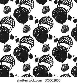 Hand drawn graphic vintage oak leaf and acorn seamless pattern. Contrast ornament with isolated floral rustic autumn forest wedding decorative symbols and elements. Chess grid order pattern.