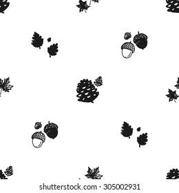 Hand drawn graphic vintage oak leaf, acorn, pine cone seamless pattern. Contrast ornament with isolated floral rustic autumn forest wedding decorative symbols and elements. Chess grid order pattern.