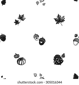 Hand drawn graphic vintage oak leaf, birch leaf, pine cone, maple leaf, pumpkin and acorn seamless pattern. Contrast ornament with floral rustic autumn forest wedding decorative symbols and elements.