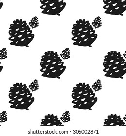 Hand drawn graphic vintage pine cone seamless pattern. Contrast ornament with isolated floral rustic autumn forest wedding decorative symbols and elements. Chess grid order pattern.