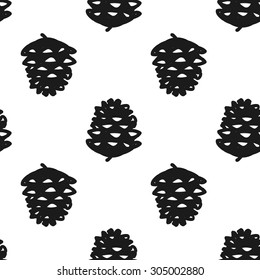Hand drawn graphic vintage pine cone seamless pattern. Contrast ornament with isolated floral rustic autumn forest wedding decorative symbols and elements. Chess grid order pattern.