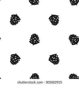 Hand drawn graphic vintage pine cone seamless pattern. Contrast ornament with isolated floral rustic autumn forest wedding decorative symbols and elements. Chess grid order pattern.