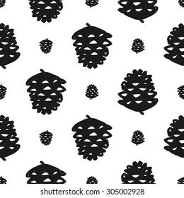 Hand drawn graphic vintage pine cone seamless pattern. Contrast ornament with isolated floral rustic autumn forest wedding decorative symbols and elements. Chess grid order pattern.