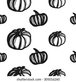 Hand drawn graphic vintage pumpkin seamless pattern. Contrast ornament with isolated floral rustic autumn forest wedding decorative symbols and elements. Chess grid order pattern.