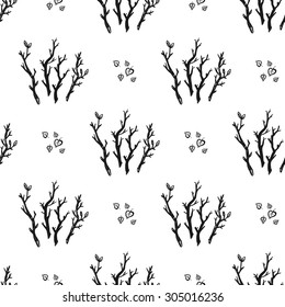 Hand drawn graphic vintage twig and birch leaf seamless pattern. Contrast ornament with isolated floral rustic autumn forest wedding decorative symbols and elements. Chess grid order pattern.