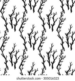 Hand drawn graphic vintage twig seamless pattern. Contrast ornament with isolated floral rustic autumn forest wedding decorative symbols and elements. Chess grid order pattern.