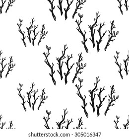 Hand drawn graphic vintage twig seamless pattern. Contrast ornament with isolated floral rustic autumn forest wedding decorative symbols and elements. Chess grid order pattern.