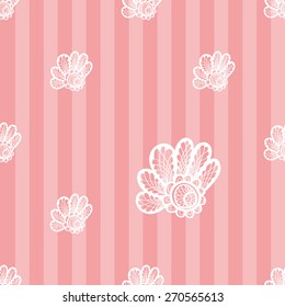 Hand Drawn graphic vintage white line lace daisy seamless pattern on soft striped pink background. 