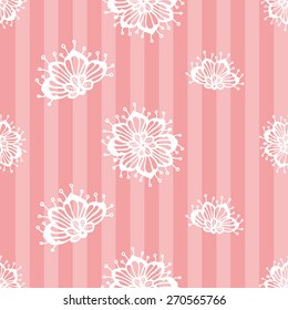 Hand Drawn graphic vintage white line lace daisy seamless pattern on soft striped pink background.