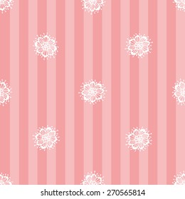 Hand Drawn graphic vintage white line lace daisy seamless pattern on soft striped pink background. 