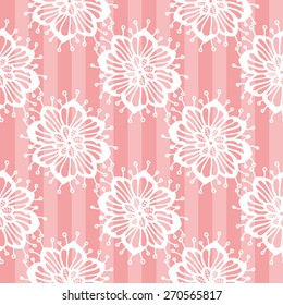 Hand Drawn graphic vintage white line lace daisy seamless pattern on soft striped pink background. Set of isolated floral laces wedding invitation decorative elements. Chess grid order