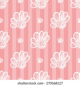 Hand Drawn graphic vintage white line lace daisy seamless pattern on soft striped pink background.
