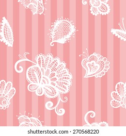 Hand Drawn graphic vintage white line lace flower, leaves, peony, bud, seamless pattern on striped pink background. 