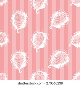Hand Drawn graphic vintage white line lace flower seamless pattern on soft striped pink background. 